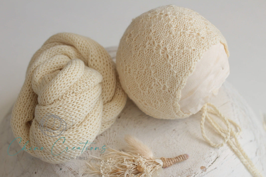 ‘Edith’ Bonnet & Super Long Wrap Set - Double Cream - Newborn