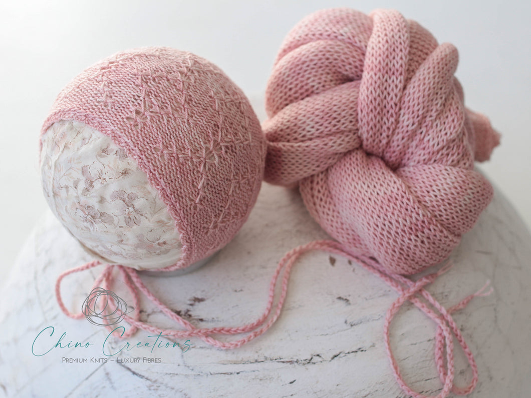 'Edith’ Bonnet & Super Long Wrap Set - Peony Pink - Newborn