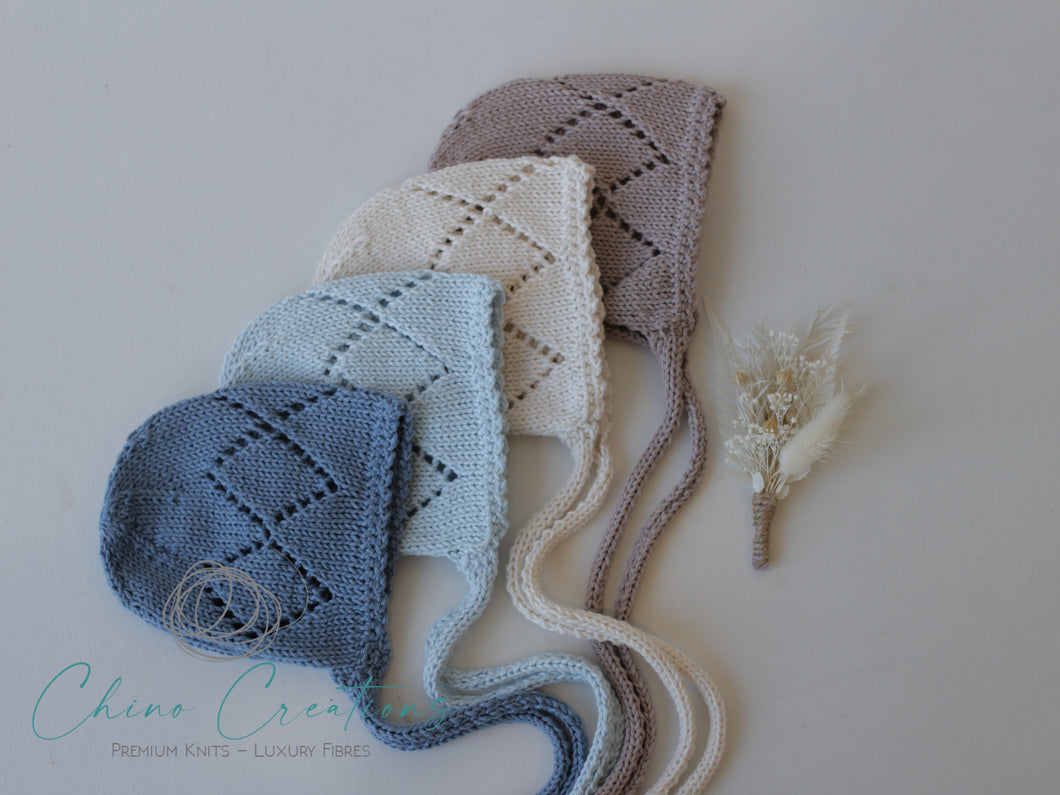 'Berwick' - Soft Cotton Chevron Lace Bonnet - Newborn - Ice Blue