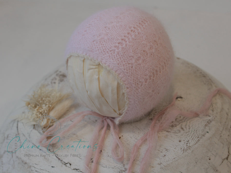 'Carina' Fine Angora Lace Bonnet - Newborn - Ballet Pink