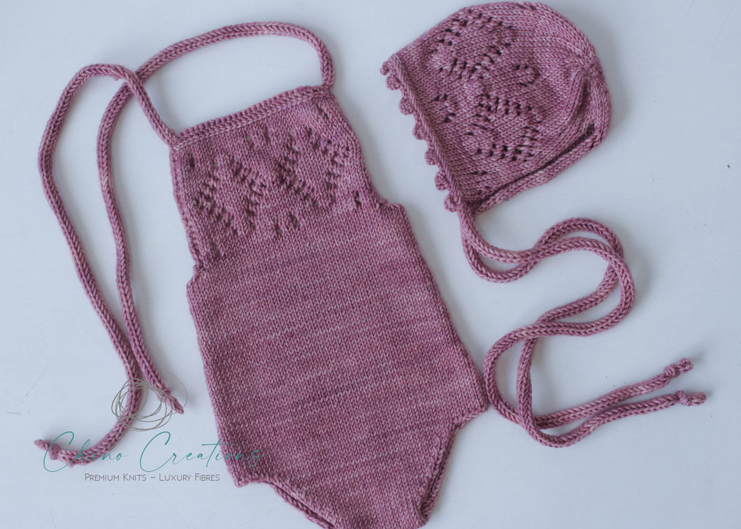 Halter Style Lace Romper & Bonnet Set - Antique Rose - Newborn